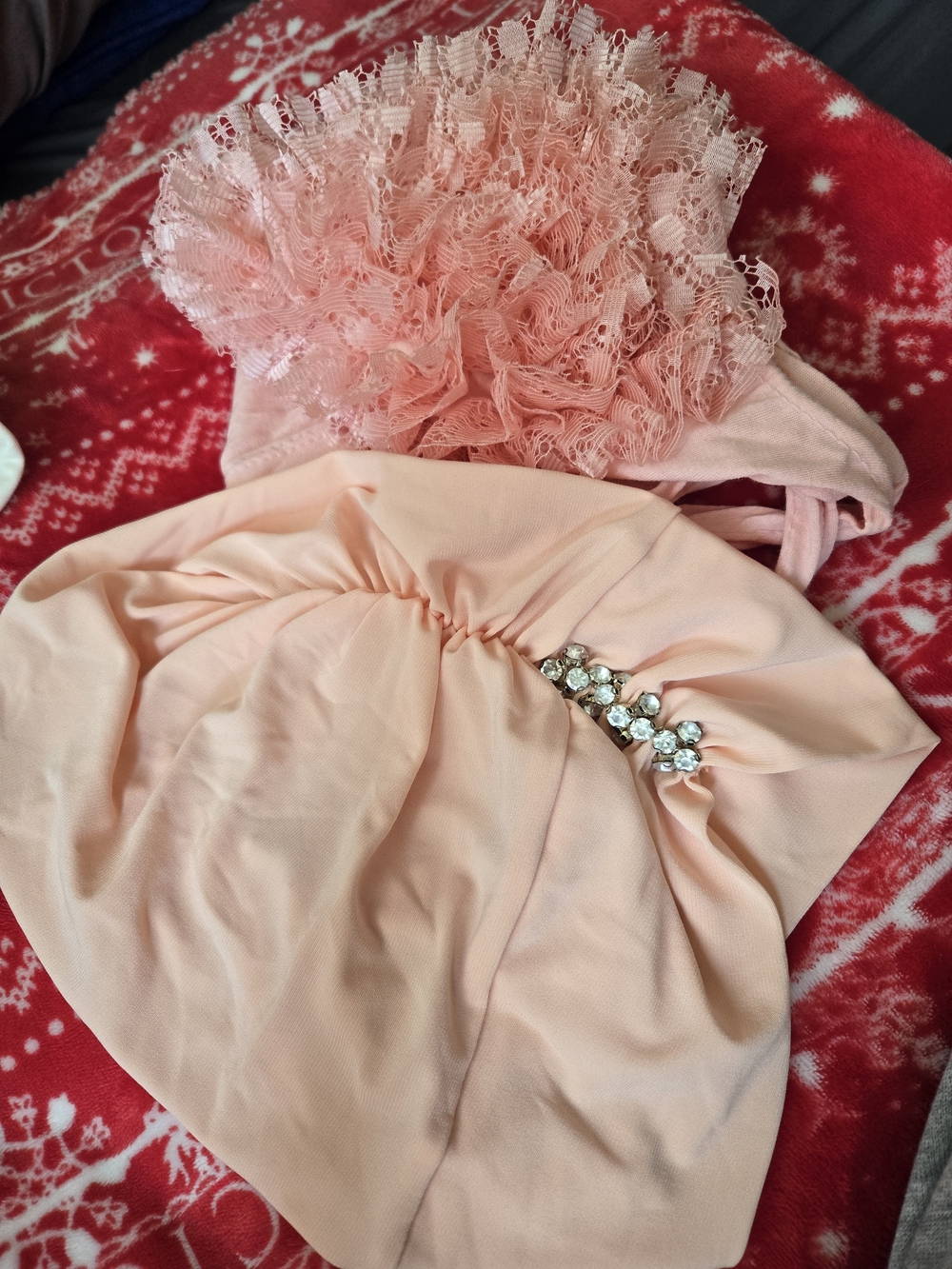 Peach Pink Ruffle Hijab Undercaps with Gem Accent